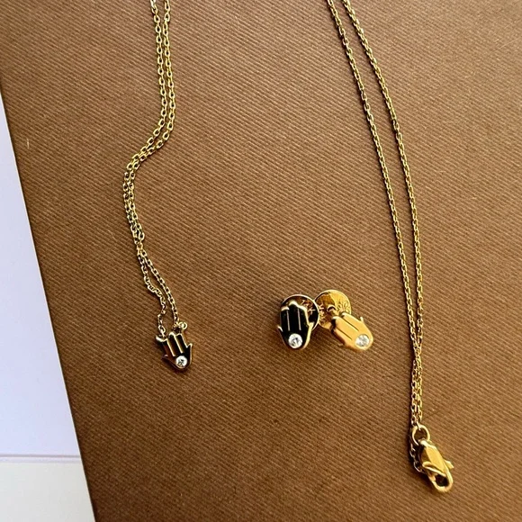 14K Solid Gold Hamsa Necklace + Earrings with natural diamonds - Picture 2 of 7